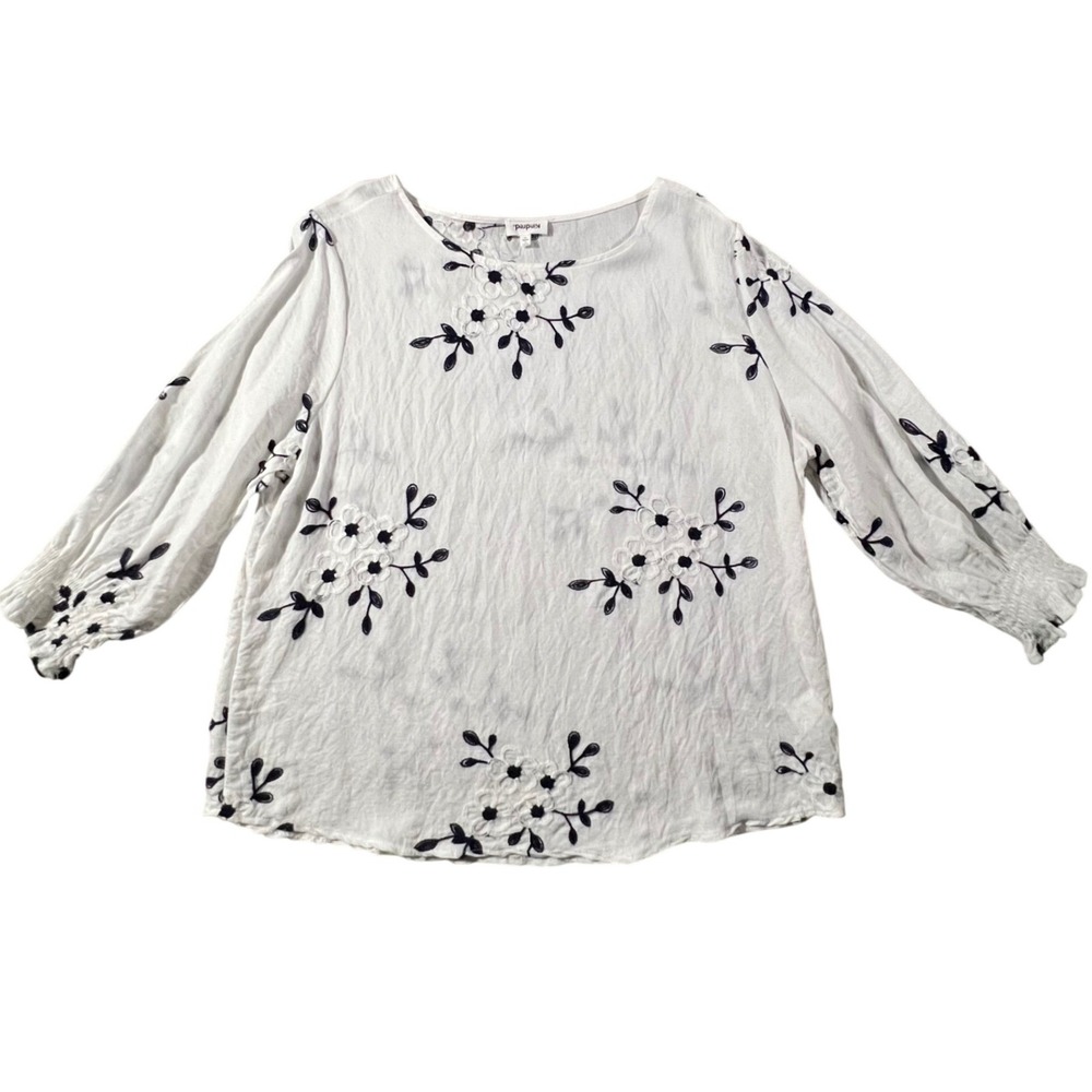 Kindred Blouse Womens XL White Navy Blue Floral Embroidered 3/4 Sleeve Boho Top